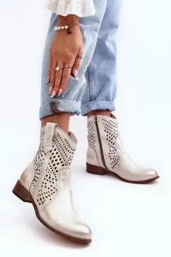 Hot Boto Zazoo 3305/2 Damskie Skórzane Ażurowe Botki Kowbojki Złote
