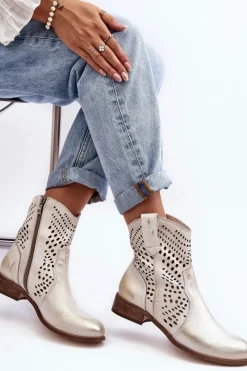 Hot Boto Zazoo 3305/2 Damskie Skórzane Ażurowe Botki Kowbojki Złote