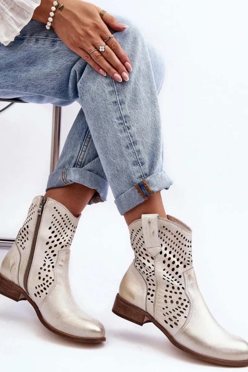 Hot Boto Zazoo 3305/2 Damskie Skórzane Ażurowe Botki Kowbojki Złote