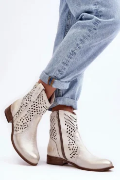 Hot Boto Zazoo 3305/2 Damskie Skórzane Ażurowe Botki Kowbojki Złote