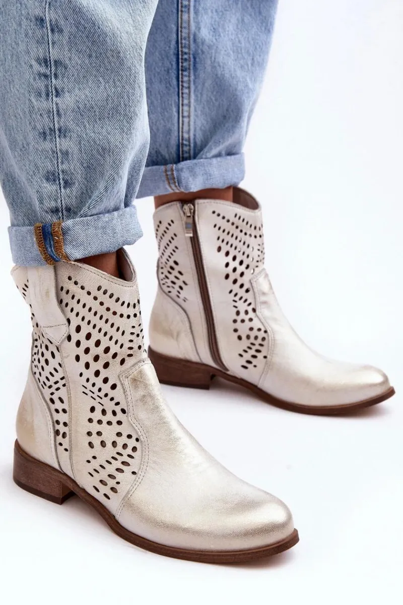 Hot Boto Zazoo 3305/2 Damskie Skórzane Ażurowe Botki Kowbojki Złote