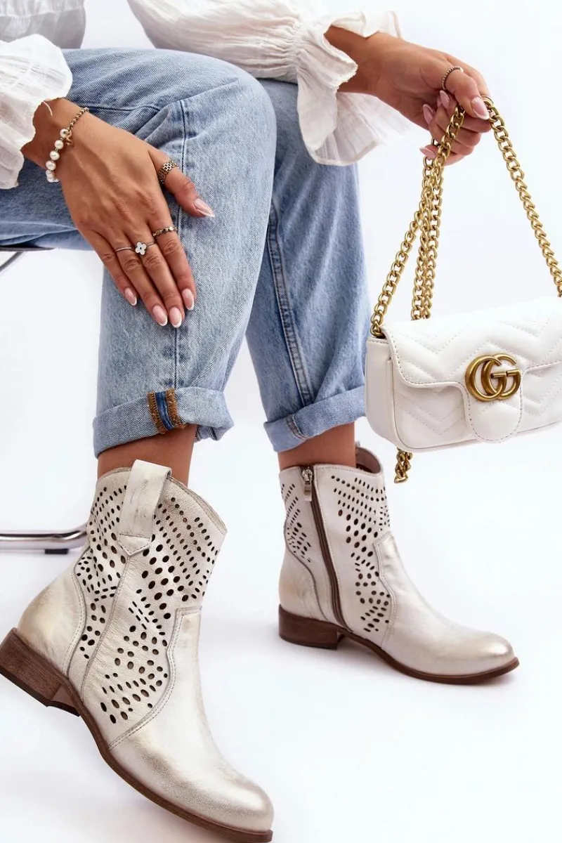 Hot Boto Zazoo 3305/2 Damskie Skórzane Ażurowe Botki Kowbojki Złote