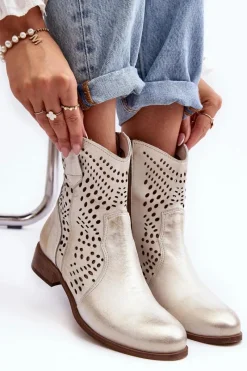Hot Boto Zazoo 3305/2 Damskie Skórzane Ażurowe Botki Kowbojki Złote