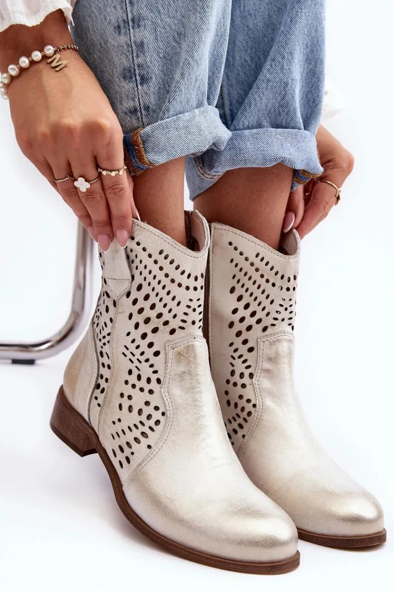 Hot Boto Zazoo 3305/2 Damskie Skórzane Ażurowe Botki Kowbojki Złote