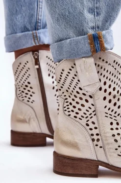 Hot Boto Zazoo 3305/2 Damskie Skórzane Ażurowe Botki Kowbojki Złote