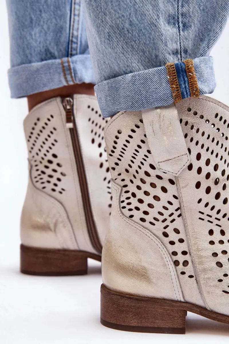 Hot Boto Zazoo 3305/2 Damskie Skórzane Ażurowe Botki Kowbojki Złote