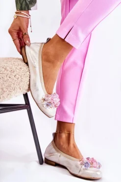 Baleriny Skórzane|Baleriny Klasyczne>Zazoo 2749 Damskie Skórzane Baleriny Z Kryształkami Biało-Złote