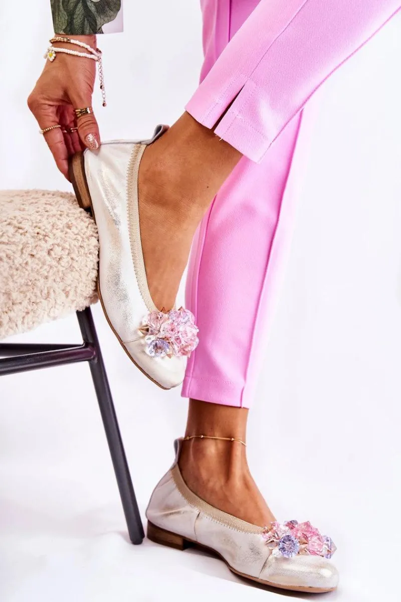 Baleriny Skórzane|Baleriny Klasyczne>Zazoo 2749 Damskie Skórzane Baleriny Z Kryształkami Biało-Złote