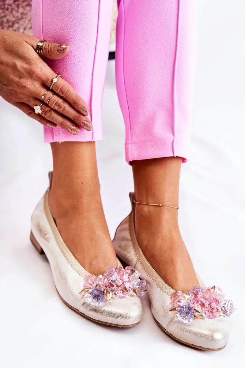 Baleriny Skórzane|Baleriny Klasyczne>Zazoo 2749 Damskie Skórzane Baleriny Z Kryształkami Biało-Złote