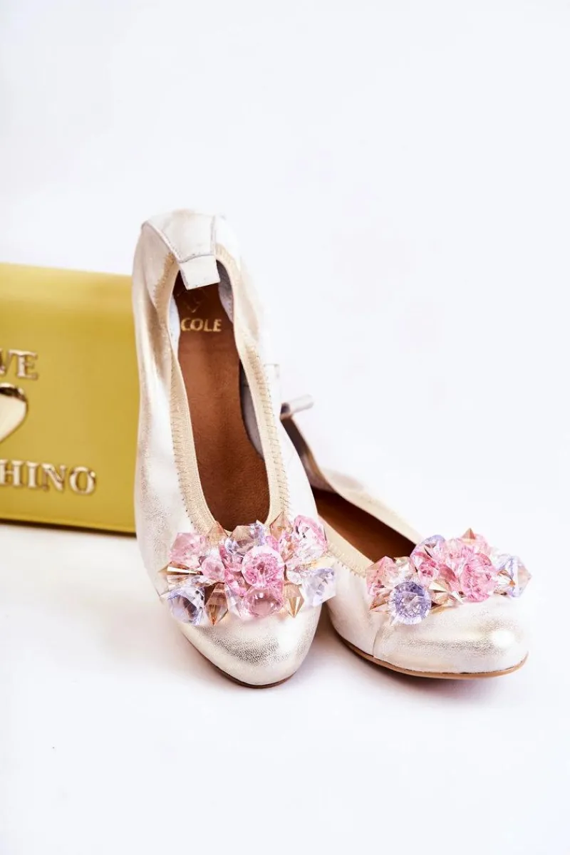 Baleriny Skórzane|Baleriny Klasyczne>Zazoo 2749 Damskie Skórzane Baleriny Z Kryształkami Biało-Złote