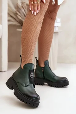 Boto Zazoo 60451 Damskie Skórzane Botki Z Ozdobą Ciemnozielone Zielony