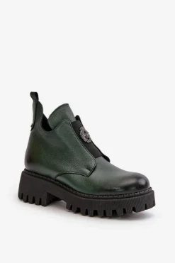 Boto Zazoo 60451 Damskie Skórzane Botki Z Ozdobą Ciemnozielone Zielony