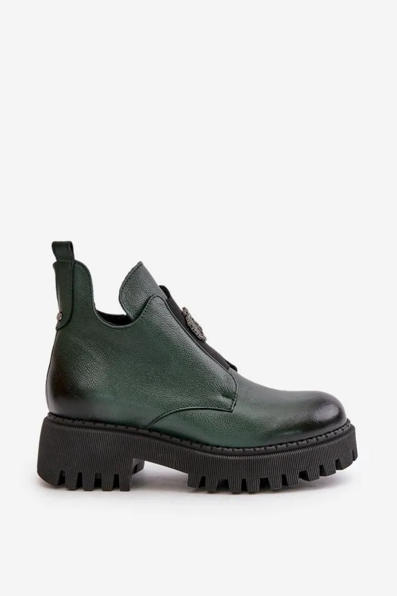 Boto Zazoo 60451 Damskie Skórzane Botki Z Ozdobą Ciemnozielone Zielony