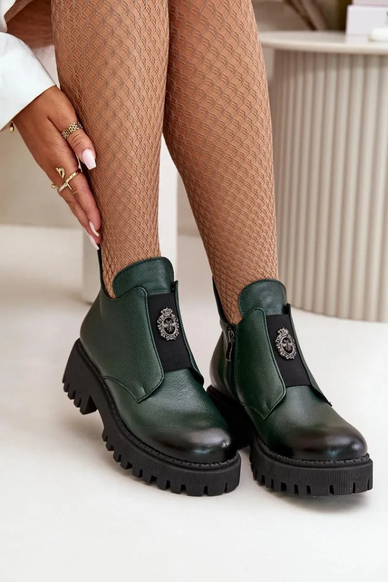 Boto Zazoo 60451 Damskie Skórzane Botki Z Ozdobą Ciemnozielone Zielony