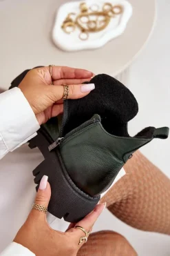 Boto Zazoo 60451 Damskie Skórzane Botki Z Ozdobą Ciemnozielone Zielony