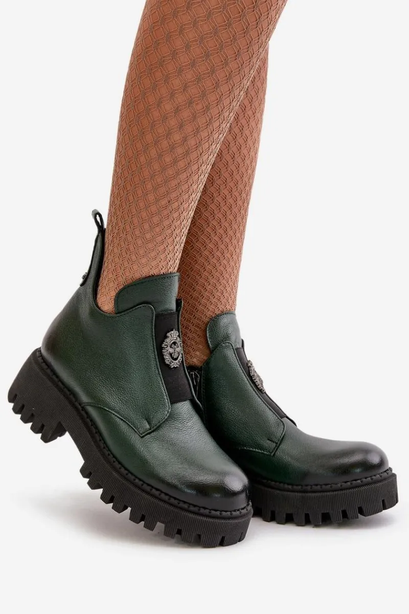 Boto Zazoo 60451 Damskie Skórzane Botki Z Ozdobą Ciemnozielone Zielony