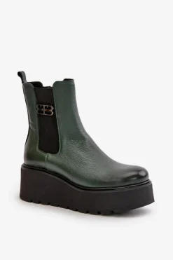 New 60498 Damskie Skórzane Botki Sztyblety Na Platformie I Koturnie Ciemnozielone Damskie Botki Ocieplane|Botki Skórzane