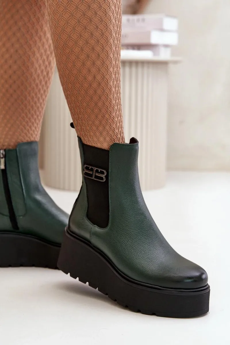 New 60498 Damskie Skórzane Botki Sztyblety Na Platformie I Koturnie Ciemnozielone Damskie Botki Ocieplane|Botki Skórzane