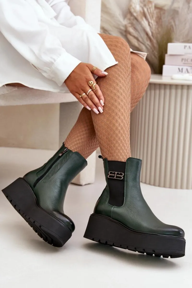 New 60498 Damskie Skórzane Botki Sztyblety Na Platformie I Koturnie Ciemnozielone Damskie Botki Ocieplane|Botki Skórzane