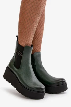 New 60498 Damskie Skórzane Botki Sztyblety Na Platformie I Koturnie Ciemnozielone Damskie Botki Ocieplane|Botki Skórzane