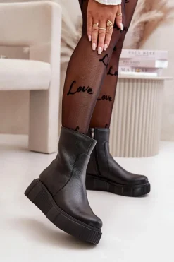 60369 Damskie Skórzane Botki Na Platformie Czarne Damskie Botki Ocieplane|Botki Skórzane
