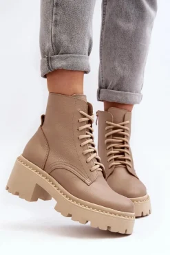 Hot Zazoo 3413 Damskie Skórzane Botki Workery Na Masywnym Obcasie Beżowe