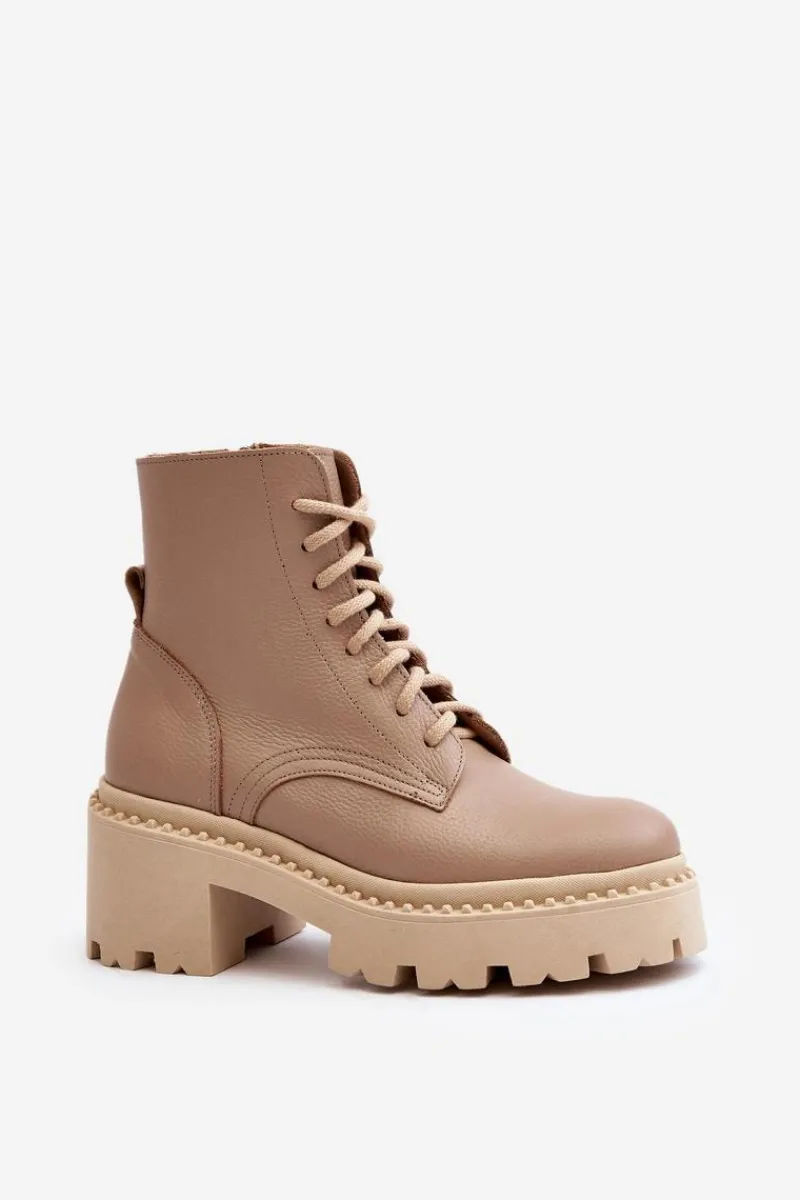 Hot Zazoo 3413 Damskie Skórzane Botki Workery Na Masywnym Obcasie Beżowe