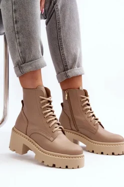 Hot Zazoo 3413 Damskie Skórzane Botki Workery Na Masywnym Obcasie Beżowe