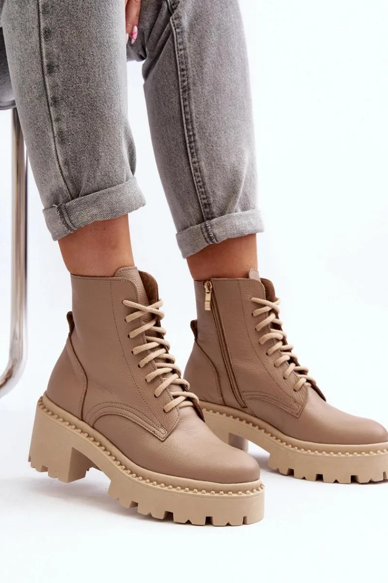 Hot Zazoo 3413 Damskie Skórzane Botki Workery Na Masywnym Obcasie Beżowe