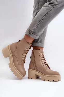Hot Zazoo 3413 Damskie Skórzane Botki Workery Na Masywnym Obcasie Beżowe