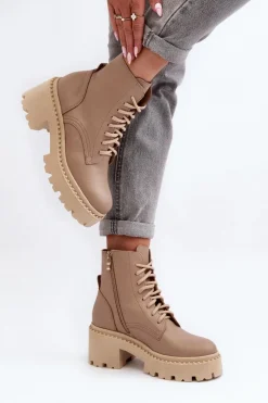 Hot Zazoo 3413 Damskie Skórzane Botki Workery Na Masywnym Obcasie Beżowe