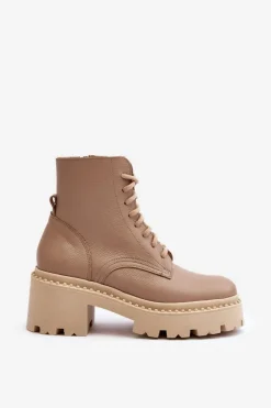 Hot Zazoo 3413 Damskie Skórzane Botki Workery Na Masywnym Obcasie Beżowe