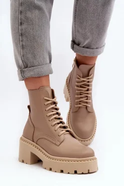 Hot Zazoo 3413 Damskie Skórzane Botki Workery Na Masywnym Obcasie Beżowe