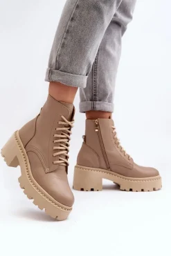 Hot Zazoo 3413 Damskie Skórzane Botki Workery Na Masywnym Obcasie Beżowe