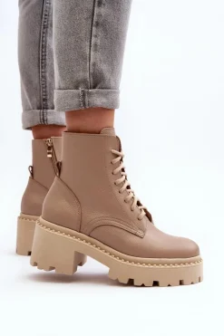 Hot Zazoo 3413 Damskie Skórzane Botki Workery Na Masywnym Obcasie Beżowe