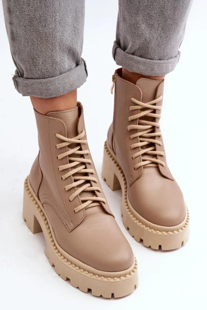 Hot Zazoo 3413 Damskie Skórzane Botki Workery Na Masywnym Obcasie Beżowe