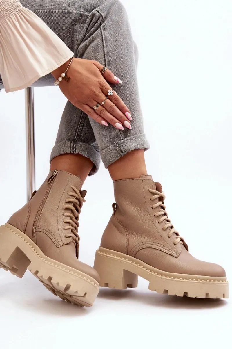 Hot Zazoo 3413 Damskie Skórzane Botki Workery Na Masywnym Obcasie Beżowe