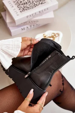 60498 Damskie Skórzane Botki Sztyblety Na Platformie I Koturnie Czarne Damskie Botki Ocieplane|Botki Skórzane