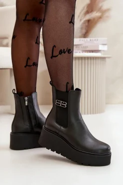 60498 Damskie Skórzane Botki Sztyblety Na Platformie I Koturnie Czarne Damskie Botki Ocieplane|Botki Skórzane