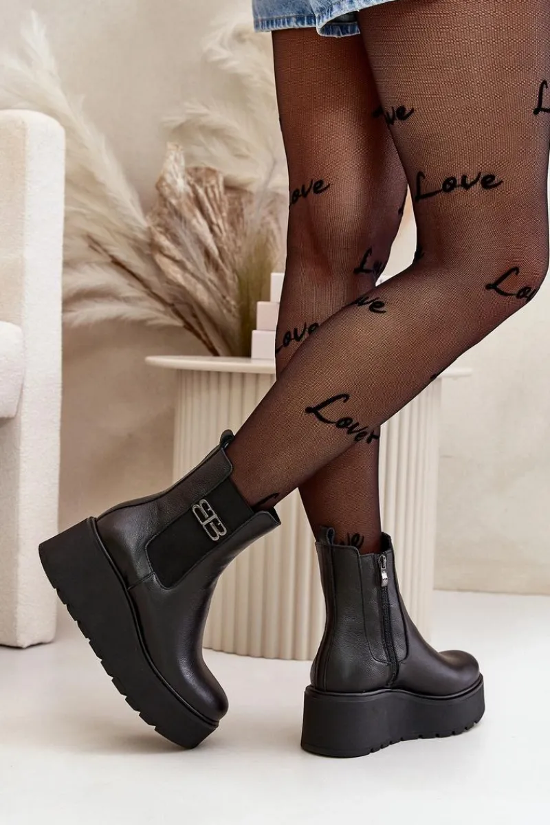 60498 Damskie Skórzane Botki Sztyblety Na Platformie I Koturnie Czarne Damskie Botki Ocieplane|Botki Skórzane