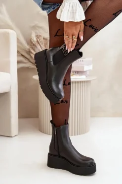 60498 Damskie Skórzane Botki Sztyblety Na Platformie I Koturnie Czarne Damskie Botki Ocieplane|Botki Skórzane