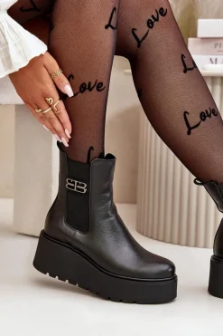 60498 Damskie Skórzane Botki Sztyblety Na Platformie I Koturnie Czarne Damskie Botki Ocieplane|Botki Skórzane
