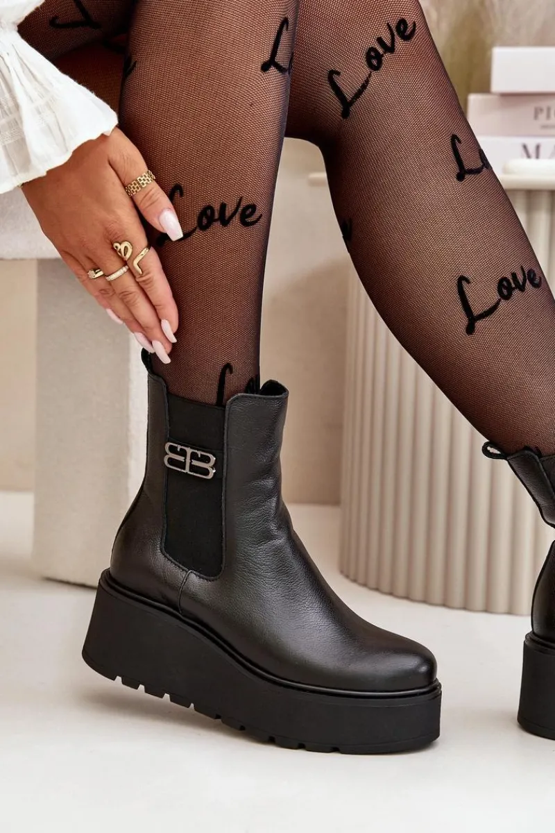 60498 Damskie Skórzane Botki Sztyblety Na Platformie I Koturnie Czarne Damskie Botki Ocieplane|Botki Skórzane