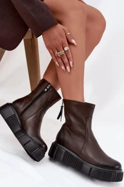 Sale Zazoo 60369 Damskie Skórzane Botki Na Platformie Czekoladowe Brązowy