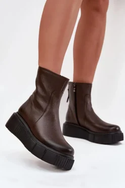 Sale Zazoo 60369 Damskie Skórzane Botki Na Platformie Czekoladowe Brązowy