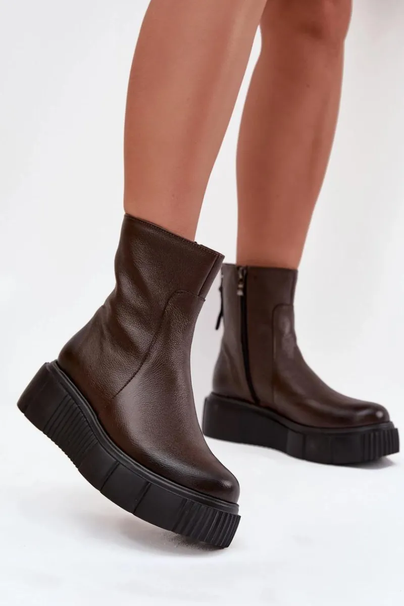 Sale Zazoo 60369 Damskie Skórzane Botki Na Platformie Czekoladowe Brązowy