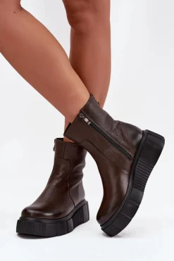 Sale Zazoo 60369 Damskie Skórzane Botki Na Platformie Czekoladowe Brązowy