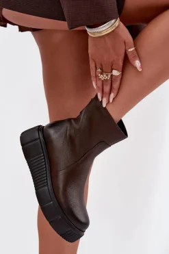 Sale Zazoo 60369 Damskie Skórzane Botki Na Platformie Czekoladowe Brązowy