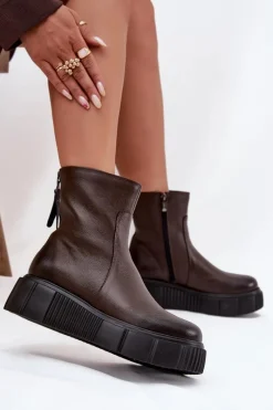 Sale Zazoo 60369 Damskie Skórzane Botki Na Platformie Czekoladowe Brązowy