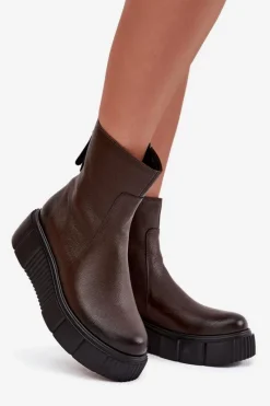 Sale Zazoo 60369 Damskie Skórzane Botki Na Platformie Czekoladowe Brązowy